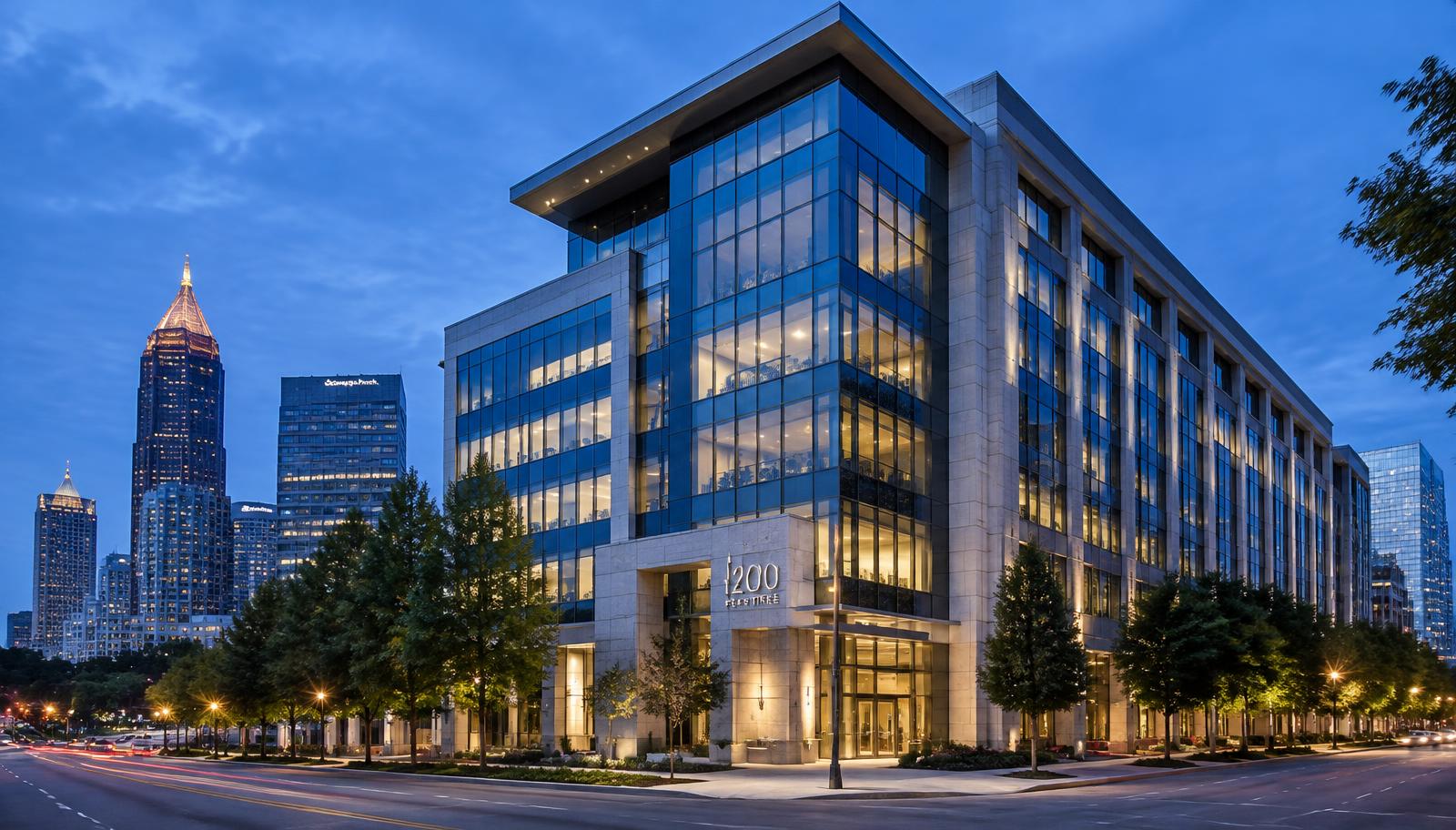Modern commercial office building in Atlanta at dusk