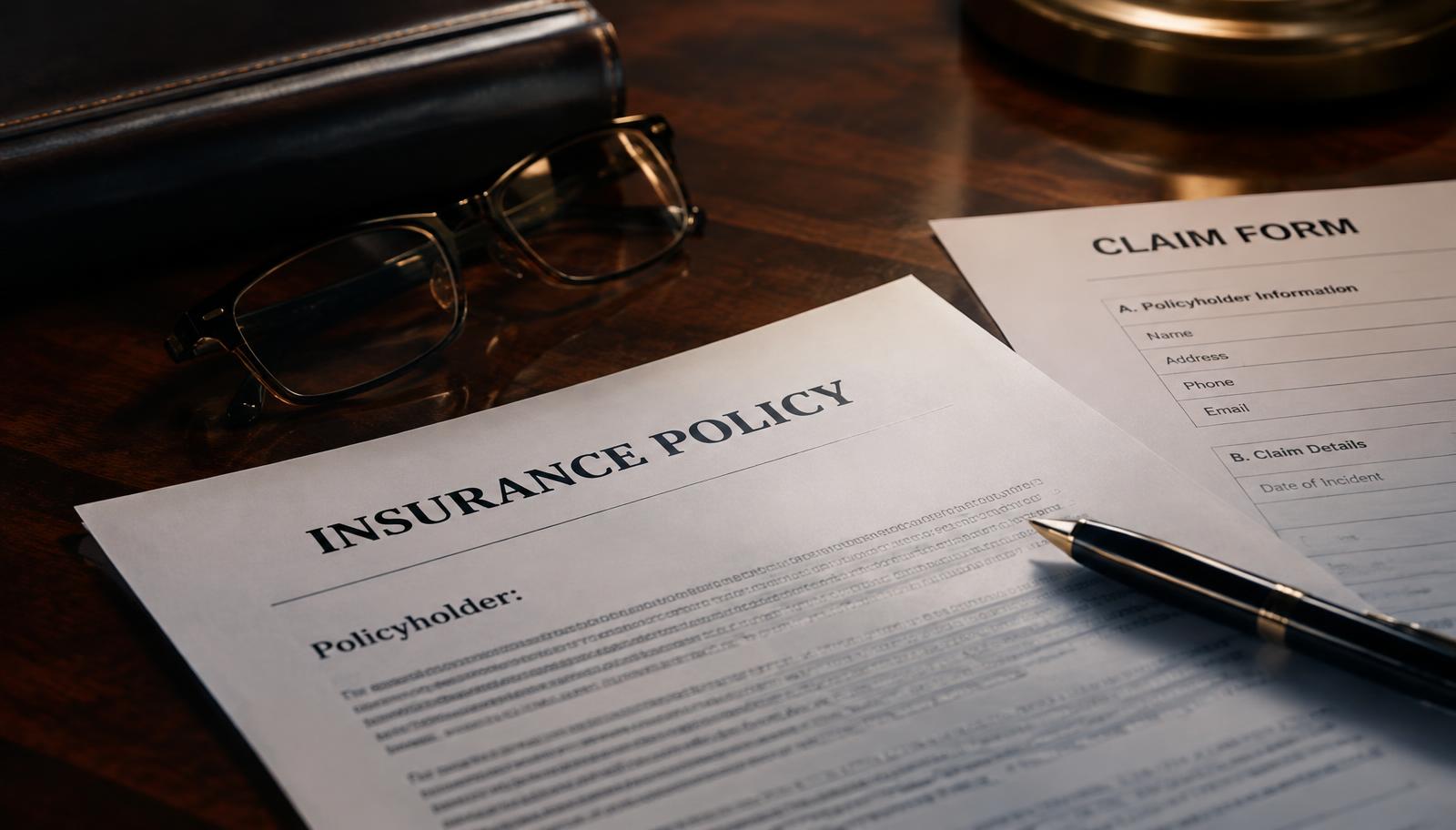Insurance policy and claim form documents on a desk with glasses and pen