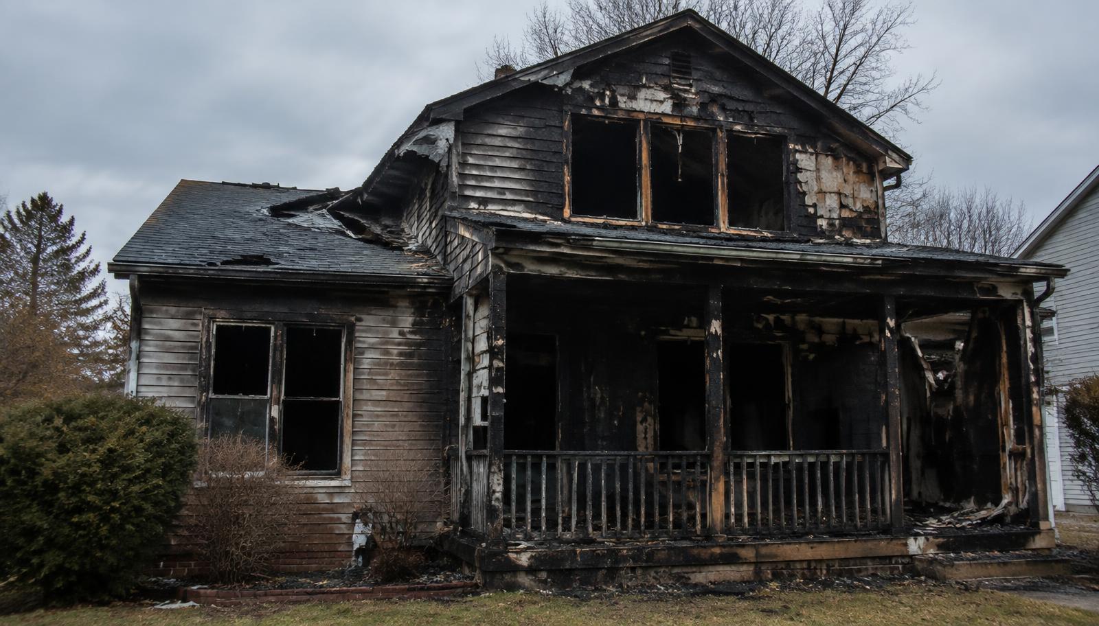 House exterior with fire and smoke damage to siding and porch